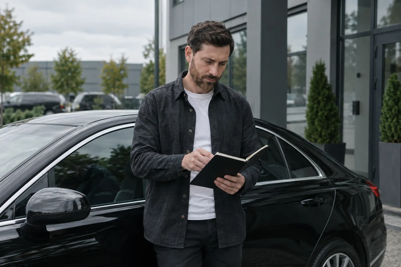 Illustrative scene of a chauffeur business owner checking notes beside a black sedan.