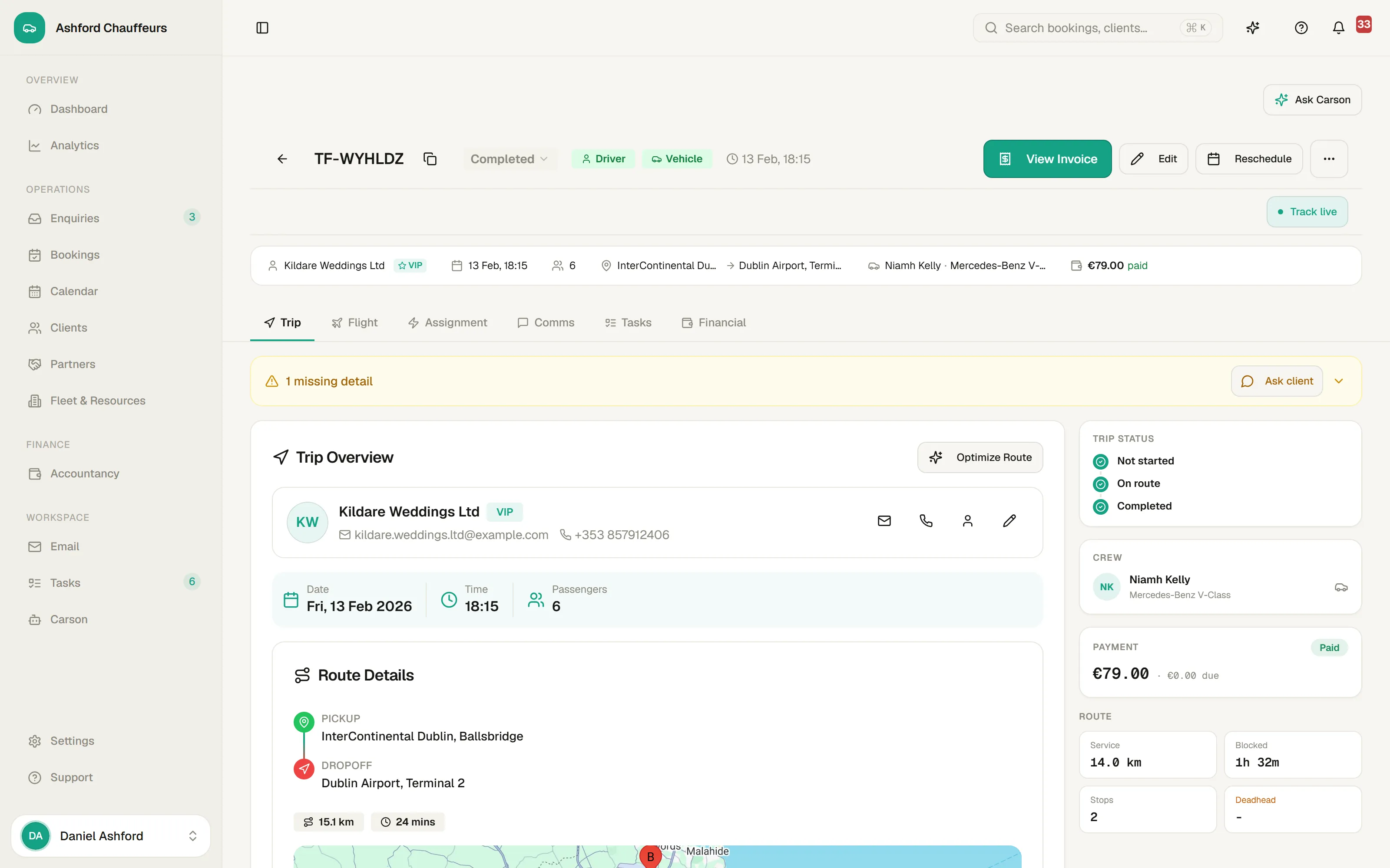 A confirmed 4fleet booking record with the route, crew, trip status and payment