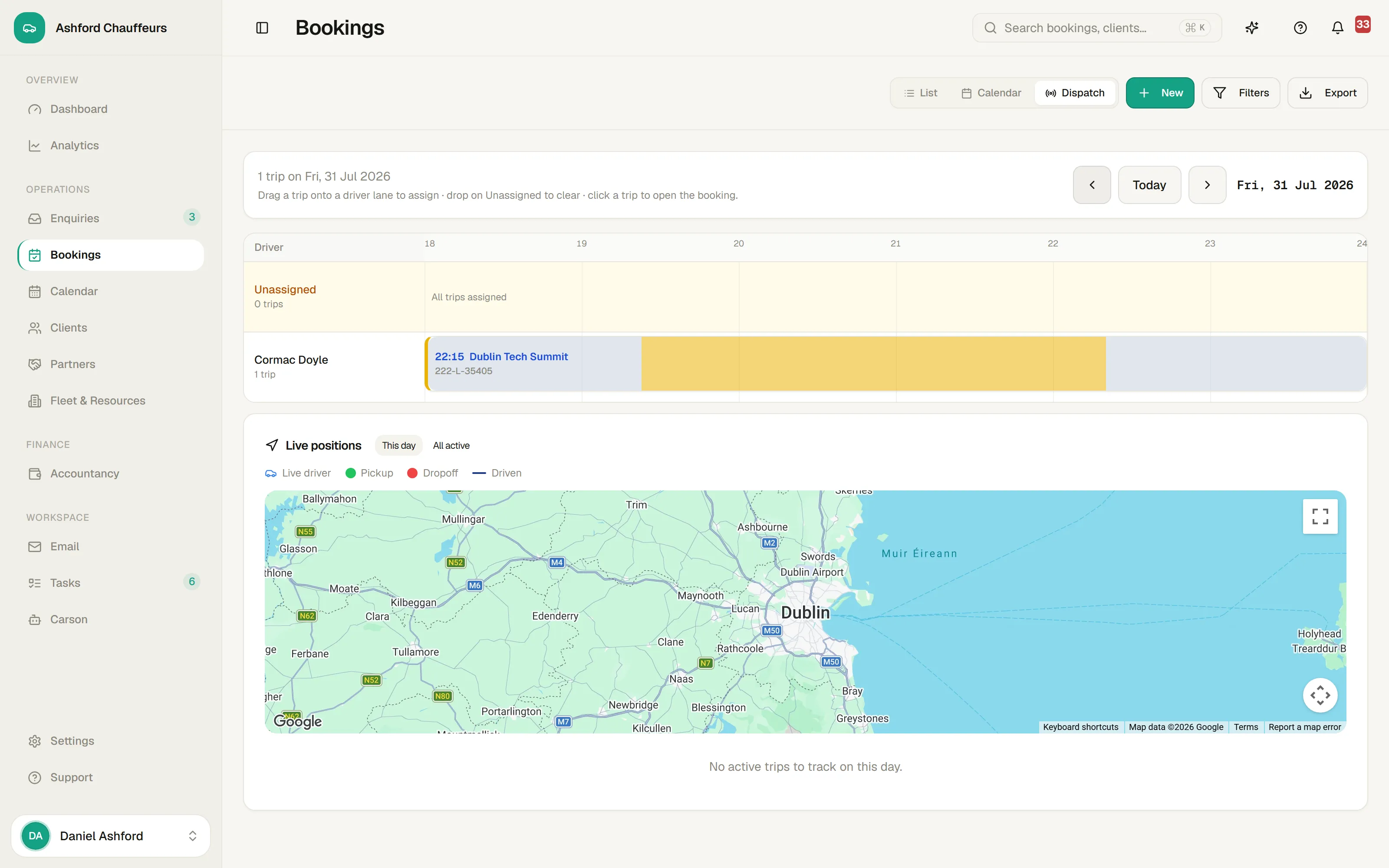 4fleet dispatch board showing active trips, assignments and map context
