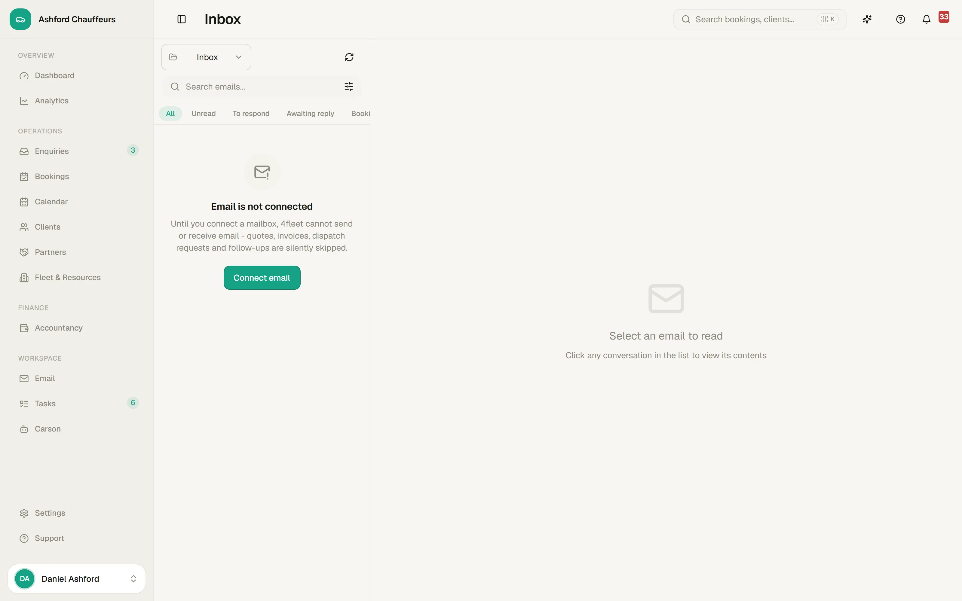 A booking enquiry email open in the 4fleet inbox, parsed into a structured enquiry