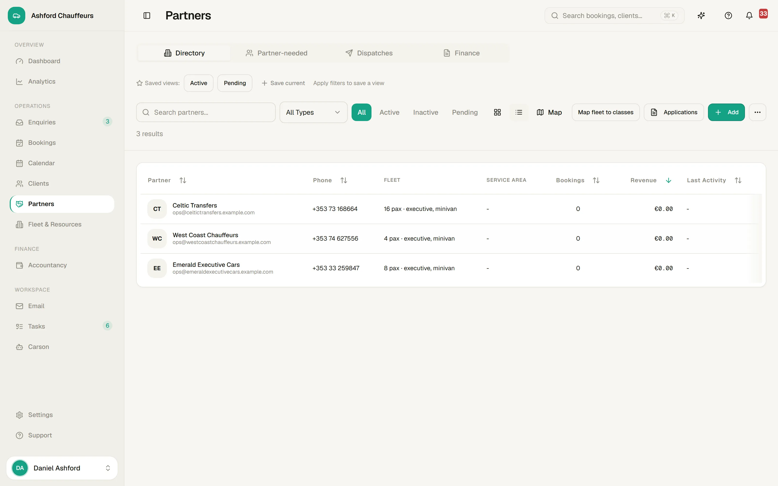 The 4fleet partner view showing a tendered leg and partner responses