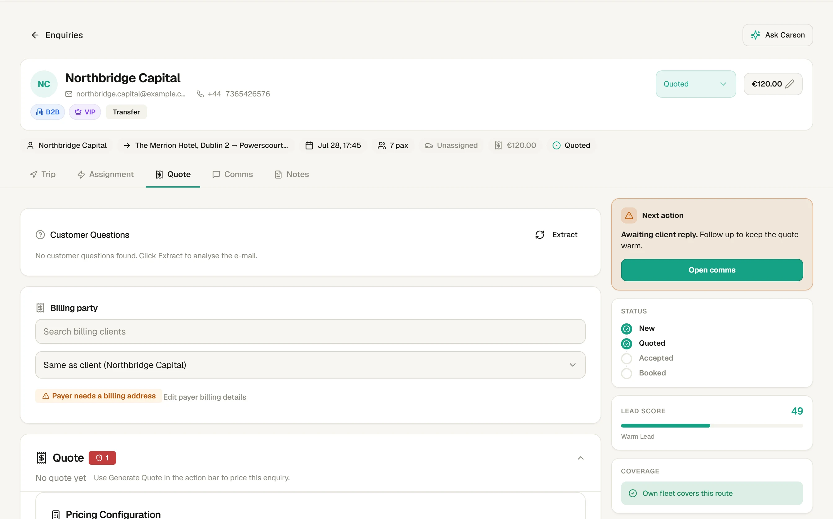 Structured enquiry pipeline connected to AI quoting
