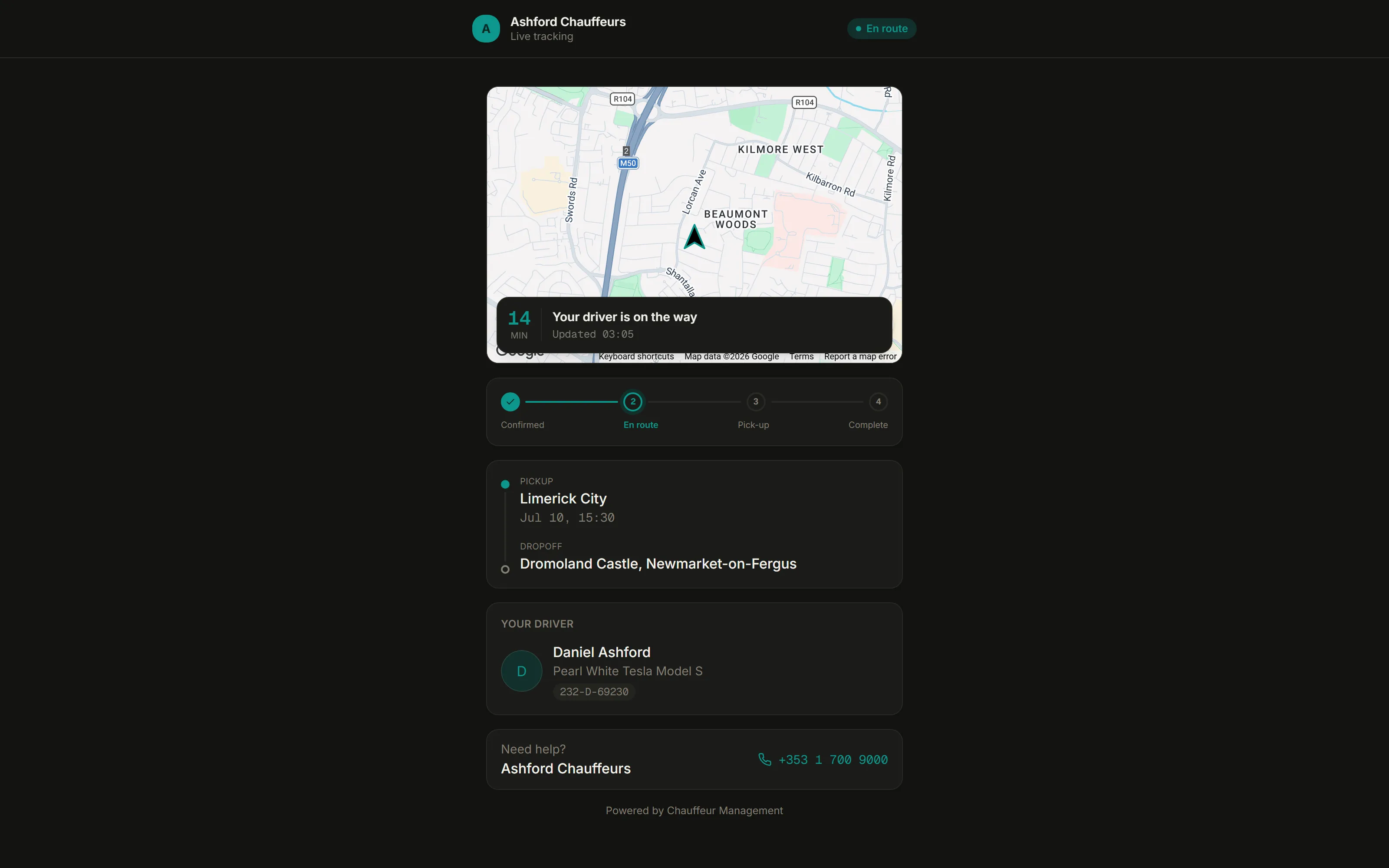The client-facing live trip tracking page with the vehicle position and arrival stepper